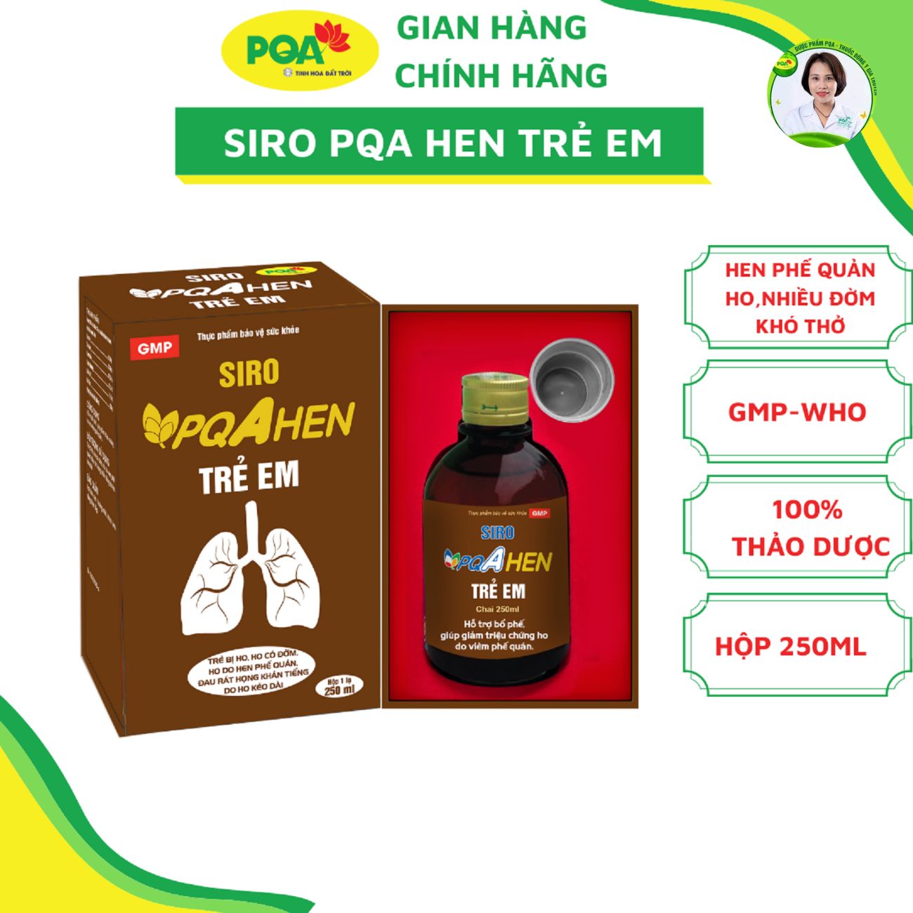 Siro Hen Trẻ Em PQA dùng cho bé ho, viêm phế quản, khò khè, hen phế quản Hộp 250ml