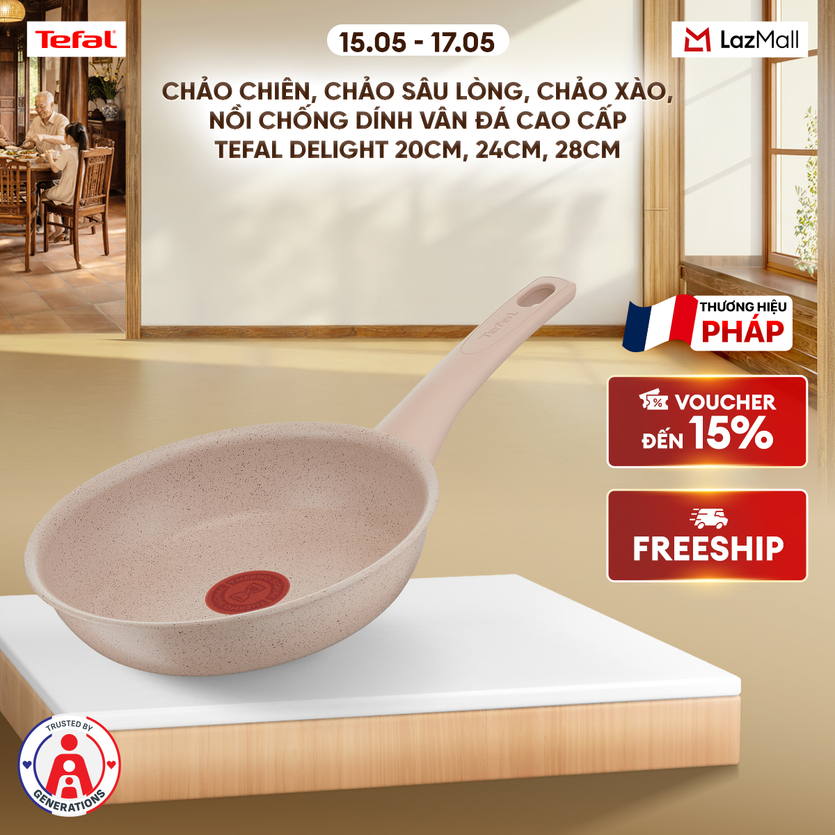 Chảo chiên, chảo sâu lòng, chảo xào, nồi chống dính vân đá cao cấp Tefal Delight nhiều kích cỡ - 20cm, 24cm, 28cm
