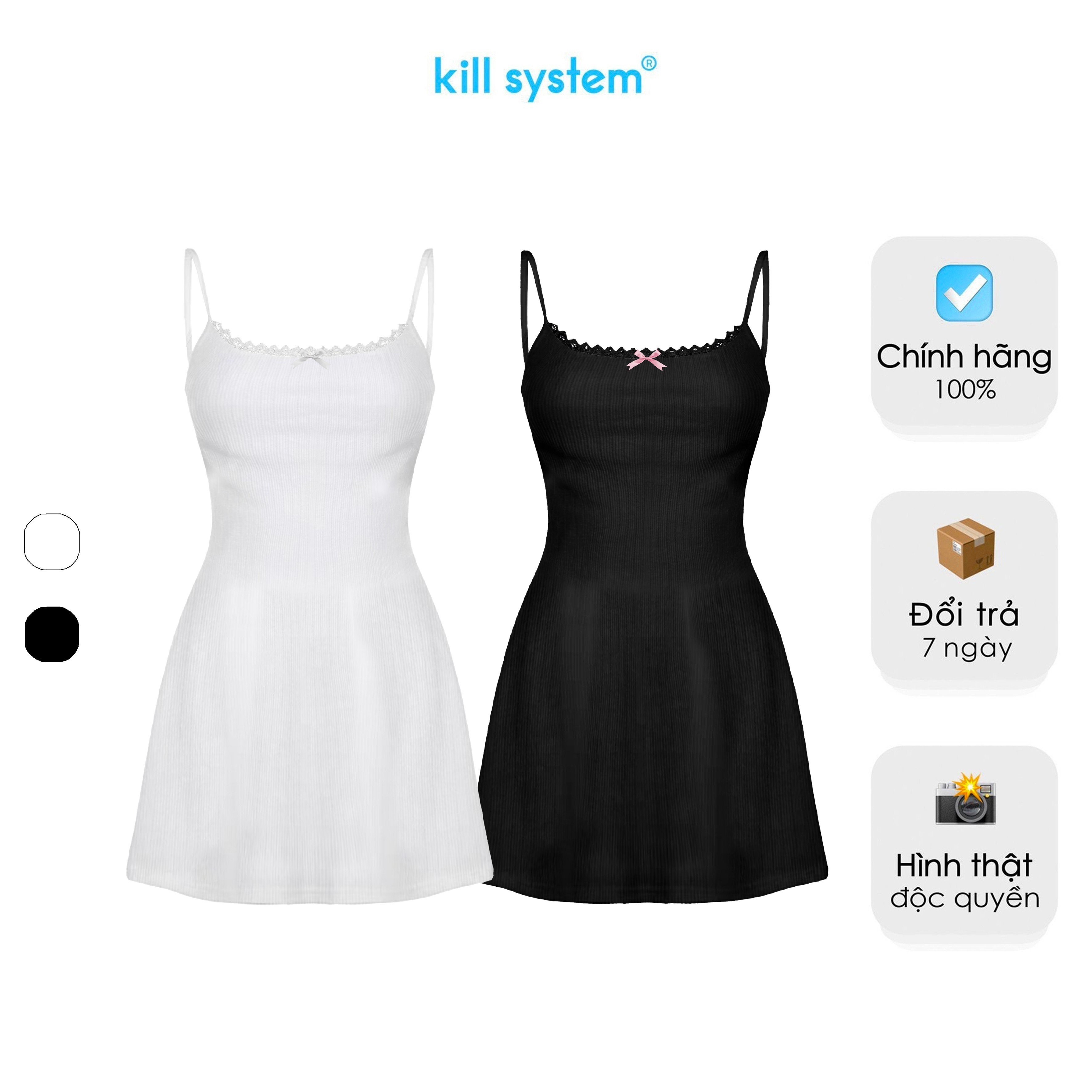 Đầm ngắn 2 dây Kill System Hanni màu trắng đính nơ viền ren chất thun co giãn
