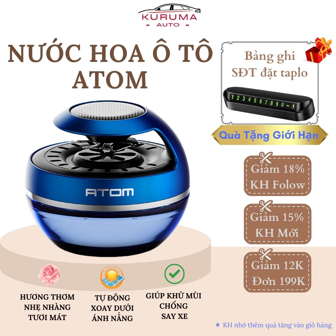 Nước hoa xe hơiNước hoa khử mùi ô tô ATOM có cánh quạt tự động xoay bằng năng lượng mặt trời giúp khuếch tán hương thơm.