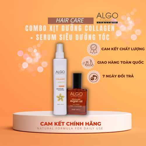 Combo Xịt dưỡng tóc Collagen- Keratin phục hồi tóc + Tinh dầu dưỡng tóc Argan oil ALGO 50ml