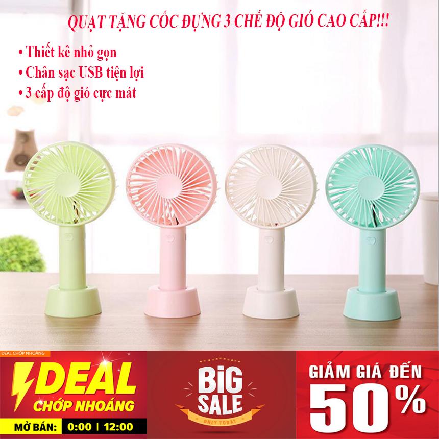 Quạt mini cầm tay, Quạt tích điện cầm tay, Quạt mini cầm tay - Quạt Mini Cầm Tay 3 Cấp Độ Gió Tặng Cốc Đựng, Thiết Kế Nhỏ Gọn, Sang Trọng + tặng pin đi kèm  - Giảm 50%  BH 1 đổi 1 nếu sản phẩm lỗi