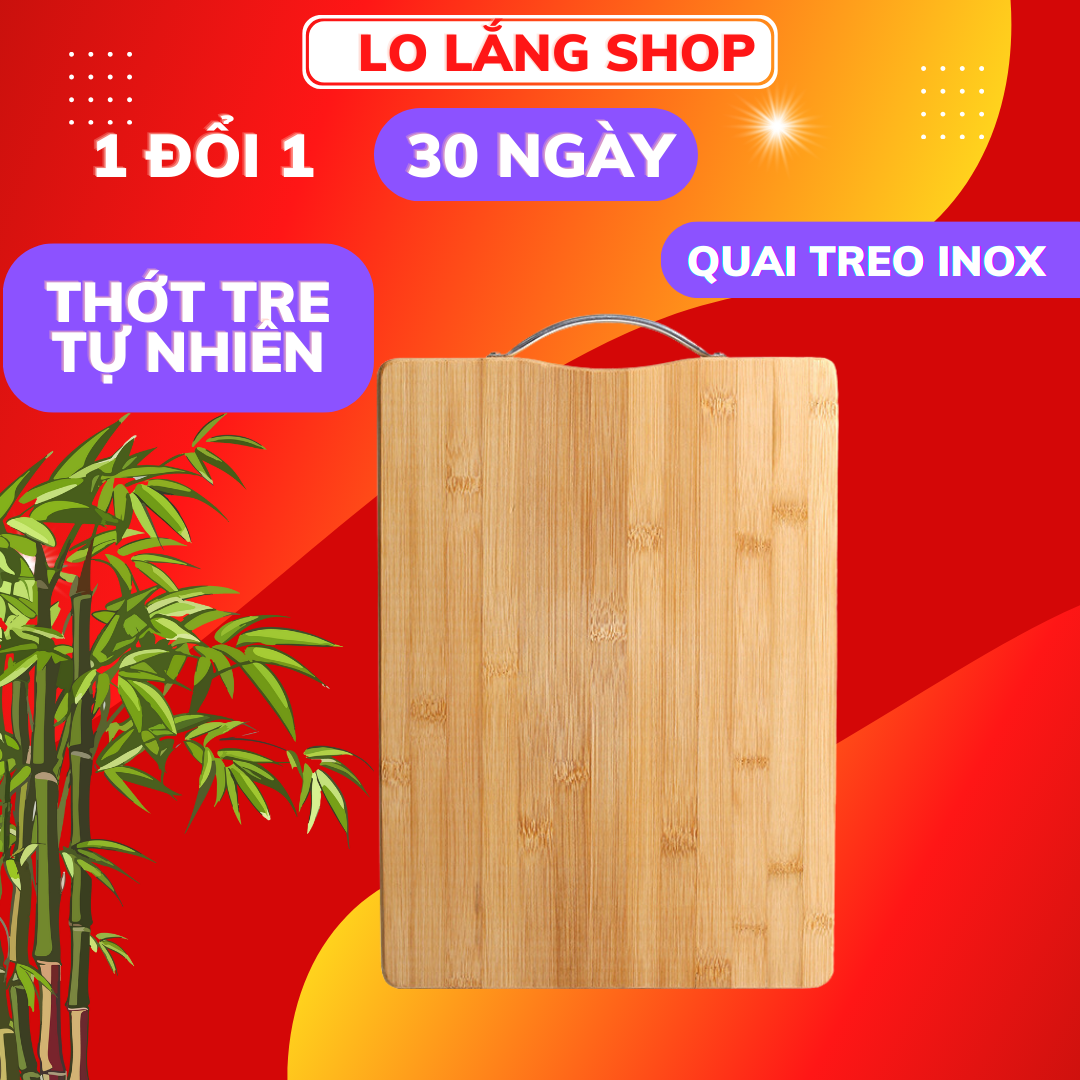 Thớt gỗ tre chữ nhật khoáng khuẩn loại dày kích thước lớn 20x30cm có móc treo inox cao cấp