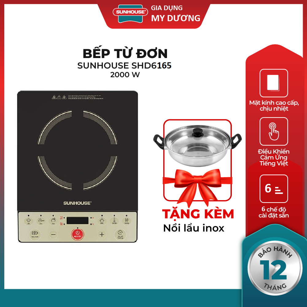 Bếp điện từ đơn sunhouse shd6165 - bếp từ đơn sunhouse - bếp lẩu sunhouse - tặng kèm nồi lẩu inox - công suất 2000w - bảo hành 12 tháng