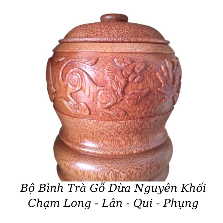 Bộ giữ ấm bình trà bằng gỗ dừa nguyên khối chạm thủ công hình "long lân qui phụng" và bình trà 700 - 1200ml