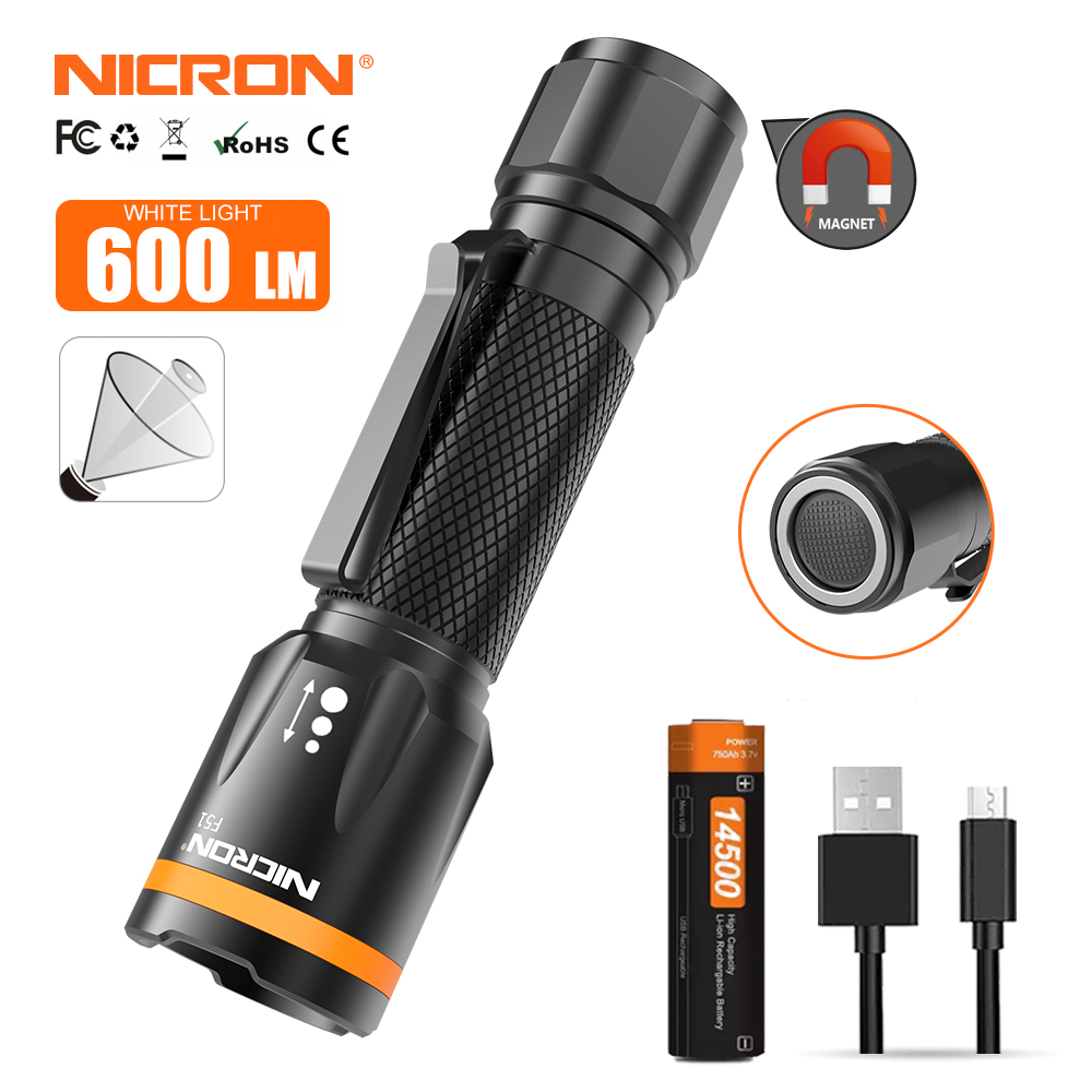 Đèn pin NICRON F51 Đèn nhiên liệu kép 7W 600lumen Độ sáng cao Đèn Led tập trung 3 chế độ Đèn pin có nắp nam châm Đèn pin có thể phóng to chống nước cho ngoài trời EDC F51