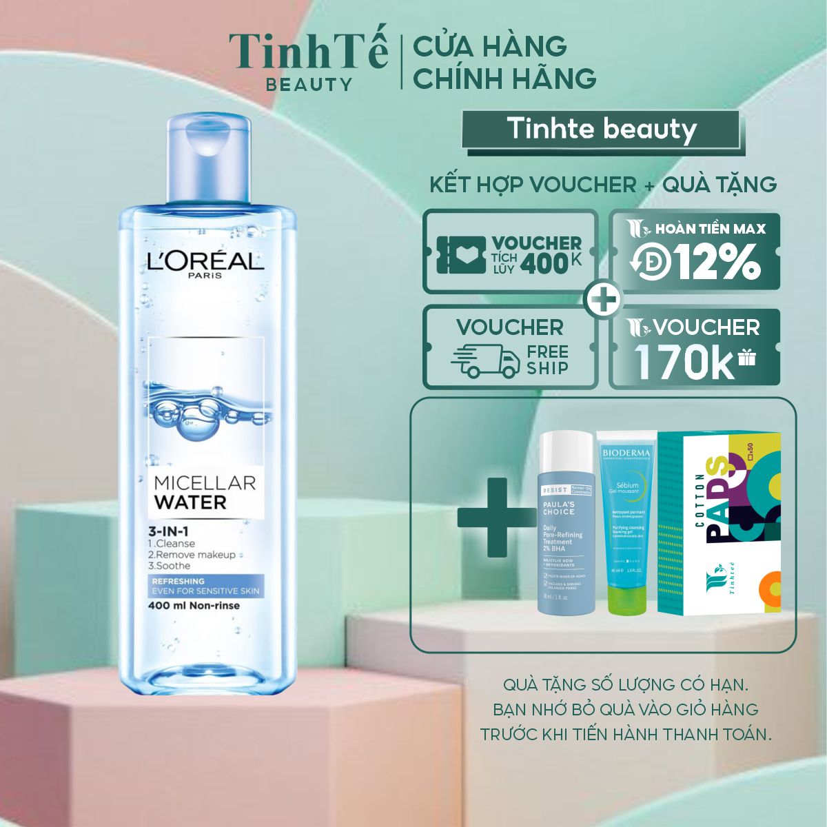 Nước tẩy trang làm sạch - mềm mịn da L'Oreal Paris 3in1 Micellar Water 400ml