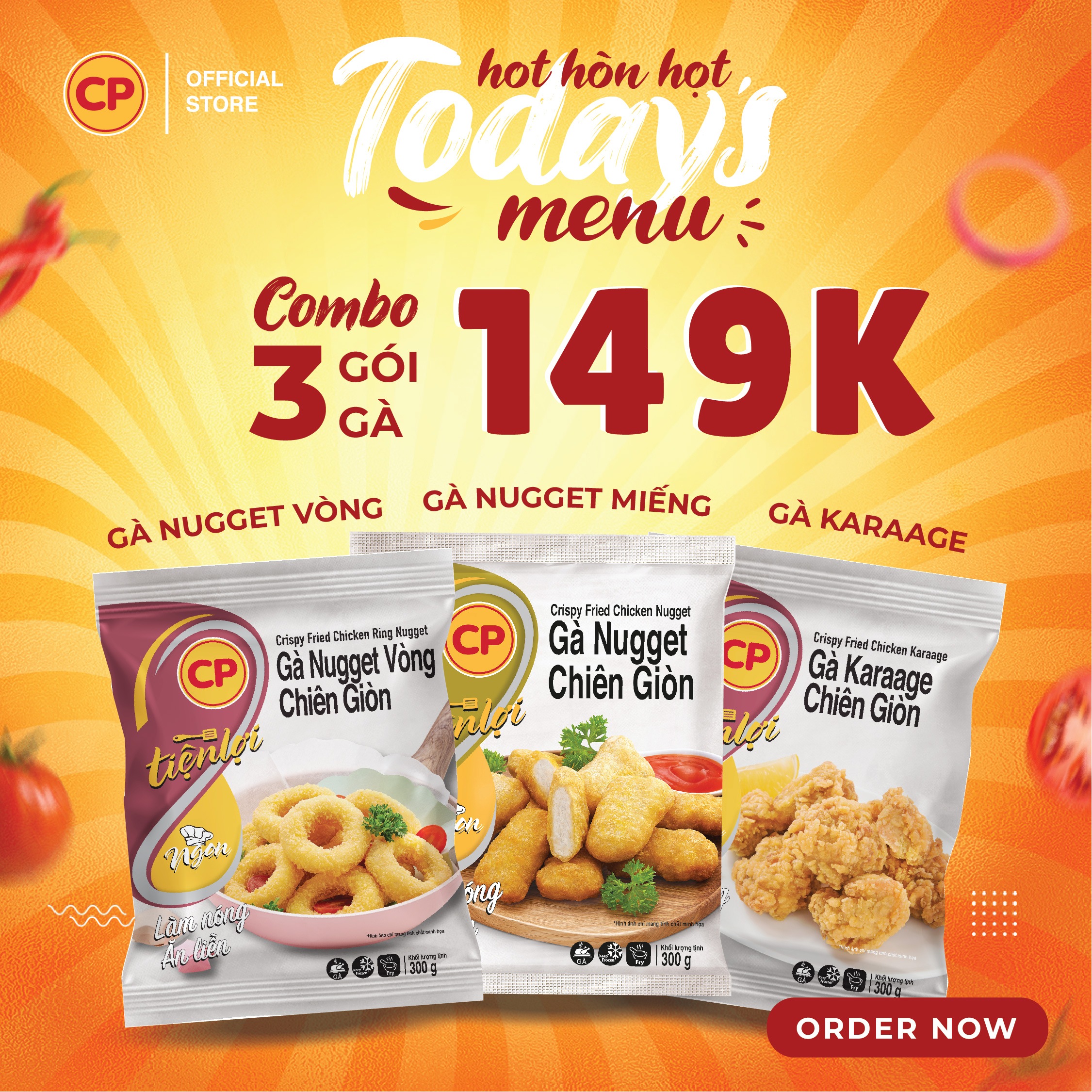 Combo hot hòn hot - 3 gói gà chiên 300g - nugget vòng, nugget miếng, karaage