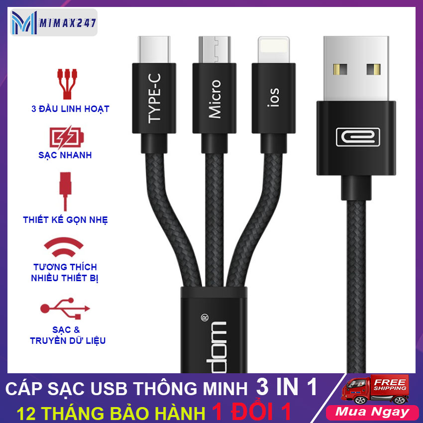 CÁP SẠC ĐA NĂNG 3 ĐẦU , Cáp sạc nhanh 3 đầu Earldom , cáp sạc 3 đầu sạc nhanh , cáp sạc dây dù 3 đầu siêu bền ( MIMAX 247 )