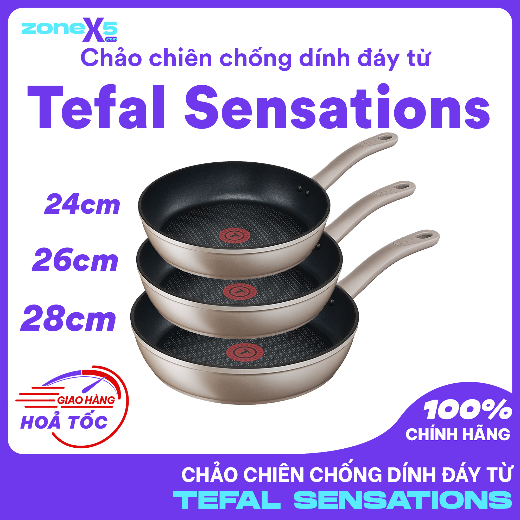 Chảo chiên chống dính đáy từ Tefal Sensations H9100 24/26/28cm - Hàng chính hãng
