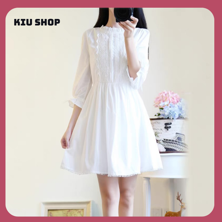 Váy tiểu thư trắng tay nơ siêu xinh phong cách Hàn Quốc