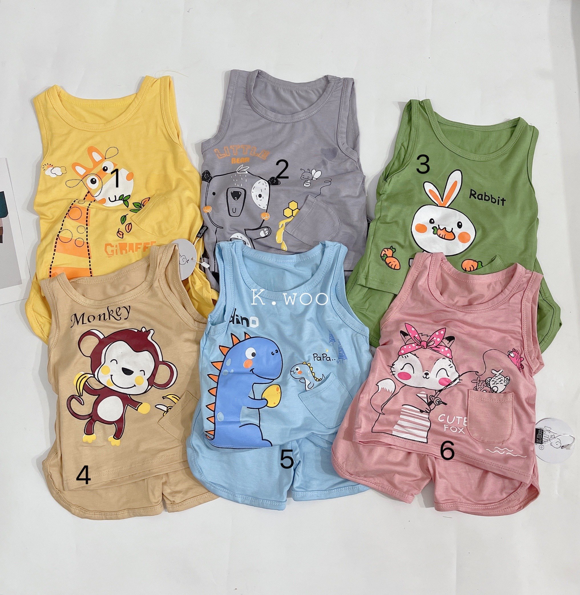 [MỚI] Bộ Ba Lỗ Cho Bé Trai, Bé Gái K.WOO Vải Thun Lạnh Họa Tiết Động Vật Dễ Thương