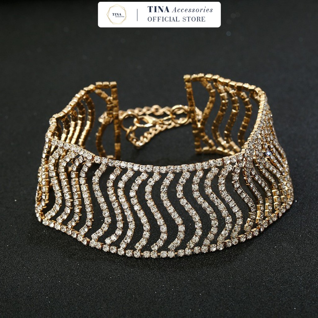 Vòng cổ chocker đính đá bản to sáng lấp lánh hai màu ck10