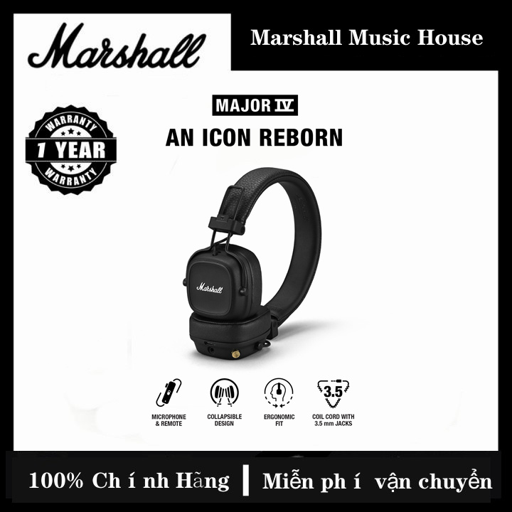 48 giờ vận chuyểnTai Nghe Marshall Bluetooth Major IV 4 Pin lên đến 80 giờ Bảo Hành 1 đổi 1 trong 1 Năm