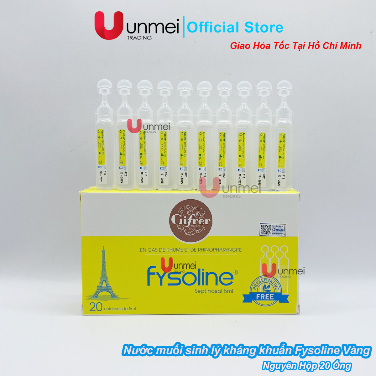 Fysoline vàng - nước muối sinh lý kháng khuẩn pháp fysoline 20 ống x 5ml hỗ trợ giảm nghẹt mũi, viêm mũi, sổ mũi - hàng chính hãng tại unmei trading