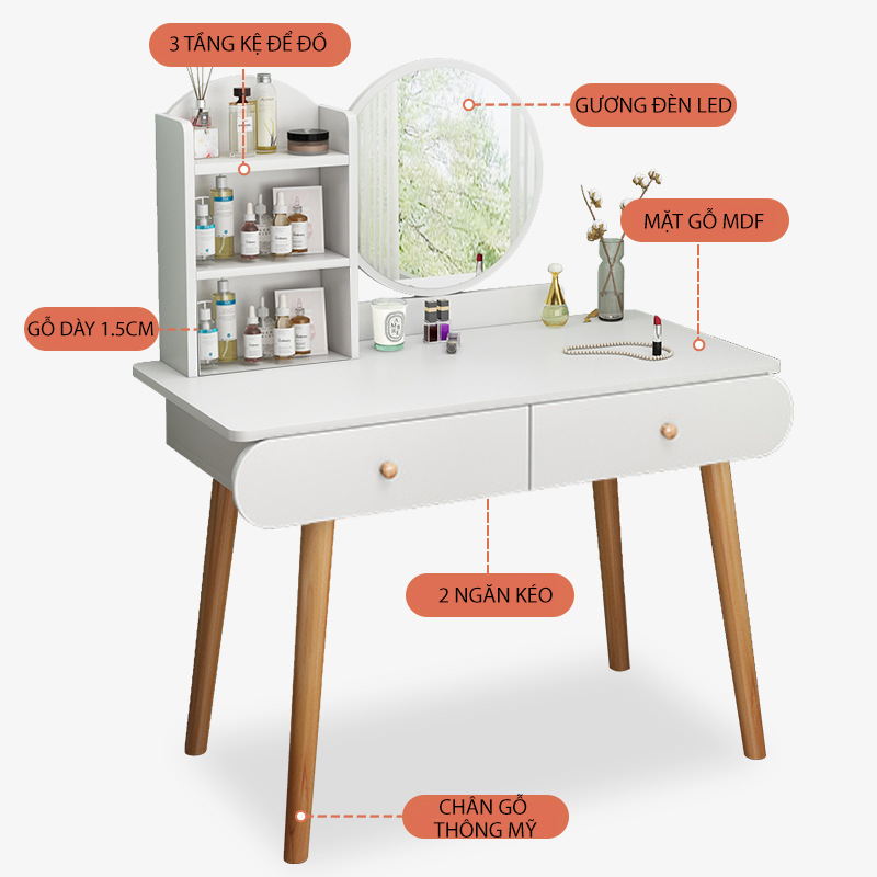 Bàn trang điểm hiện đại sang trọng kèm Gương kèm Led và hộc tủ đựng đồ tiện dụng, Bàn phấn chân gỗ thông chắc chắn bền bỉ