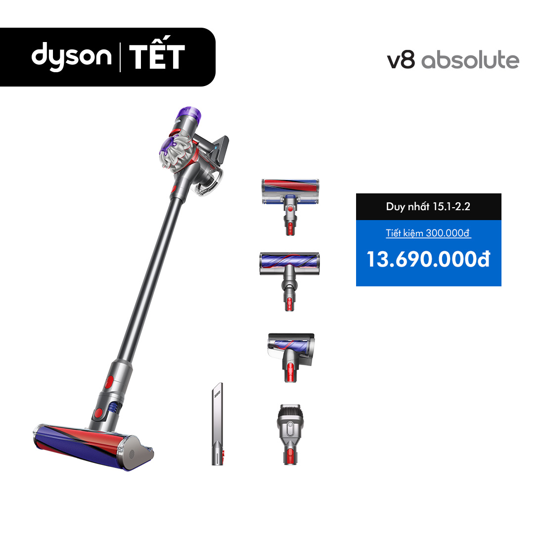   DUY NHẤT 1-3.1: VC 12% Tối đa 3 Triệu  Máy hút bụi Dyson V8 Absolute  Silver Nickel  