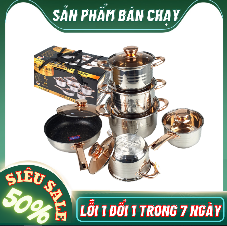 SALE 50% - Bộ nồi ENGELBERG vung kính, 6 món 12 chi tiết, thương hiệu Đức - Đẹp không tì vết ! - Dùng được cho mọi loại bếp, đặc biệt là bếp từ.