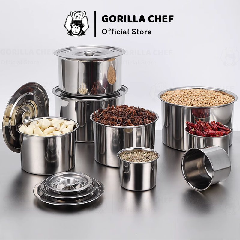  Hộp đựng gia vị tròn inox có nắp 750-4900ml GORILLA CHEF thố tròn inox nấu được trên mọi loại bếp 