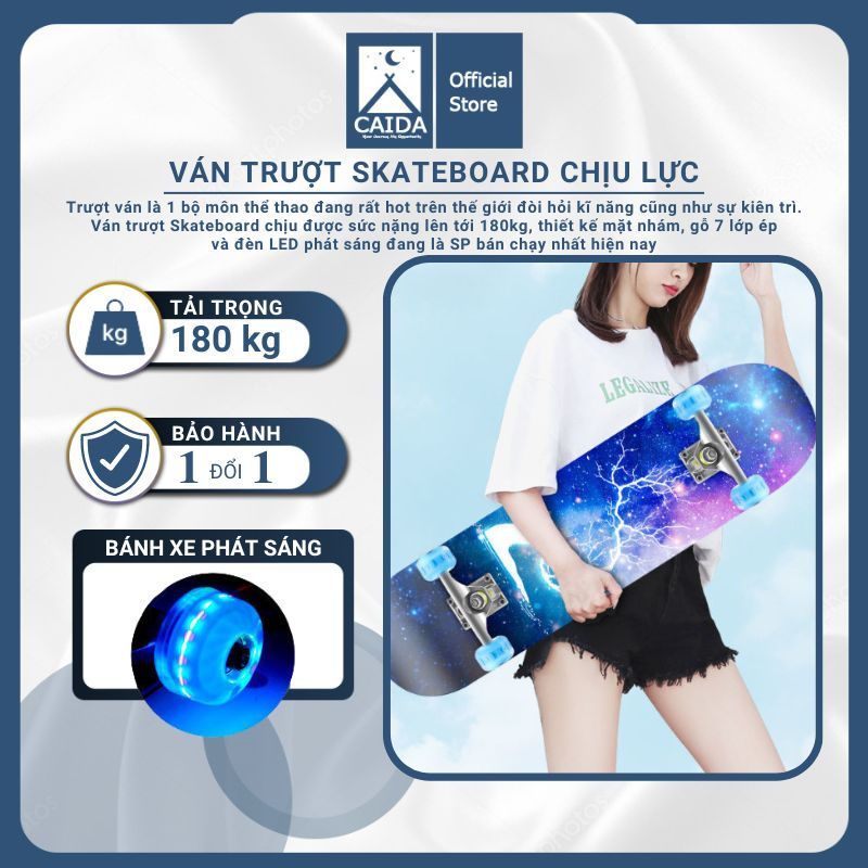 Ván trượt thể thao skateboard mặt nhám phong cách bánh xe cao su đèn Led/Không đèn Led dành cho giới trẻ - Ván trượt gỗ phong 8 lớp