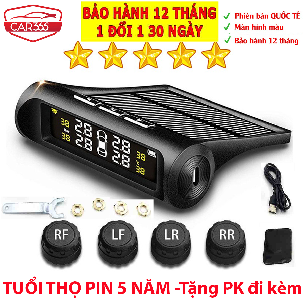 Cảm biến áp suất lốp ô tô xe hơi gắn ngoài cao cấp Car365, Pin sạc năng lượng mặt trời, màn hình LCD, tuổi thọ pin 5 năm, kết nối không dây