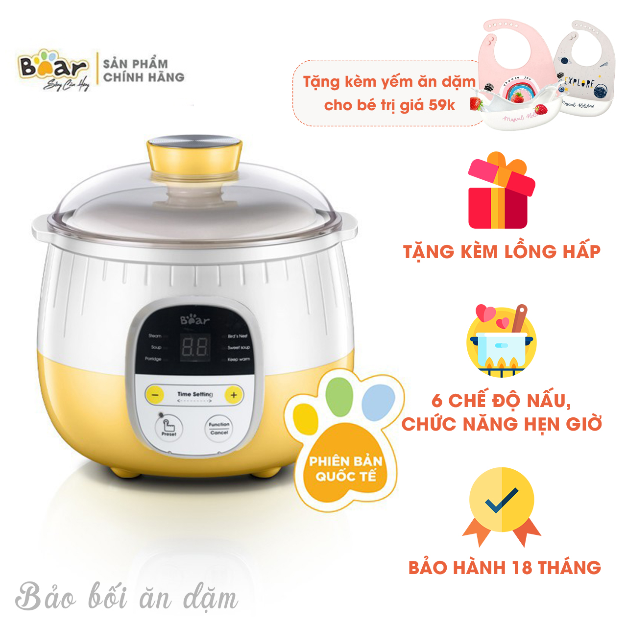 Nồi nấu cháo chậm BEAR bản quốc tế, lõi sứ dung tích 0.8L, bảo hành 18 tháng
