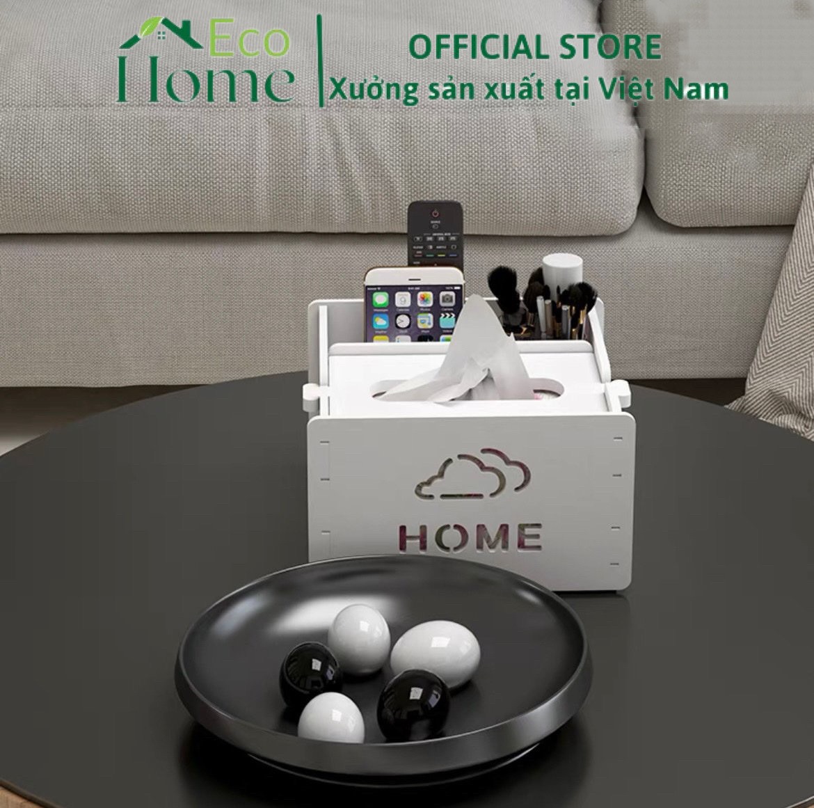 Hộp đựng khăn giấy, hộp đựng giấy ăn màu trắng, chất liệu gỗ nhựa Pitech - EcoHome
