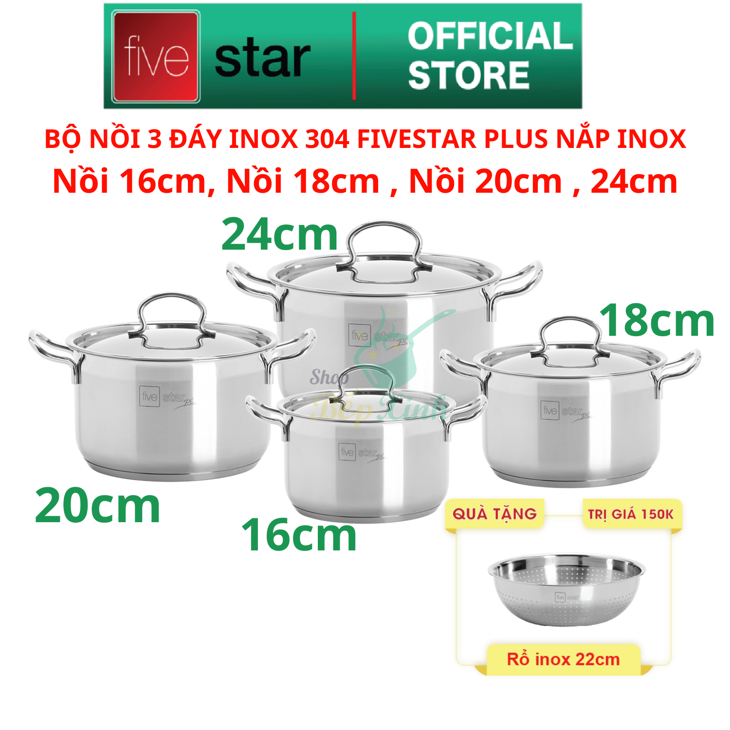 Bộ nồi inox 304 cao cấp FiveStar Plus 4 chiếc nắp inox , 3 đáy dùng được mọi bếp , bảo hành 25 năm - bộ nồi bếp từ cao cấp