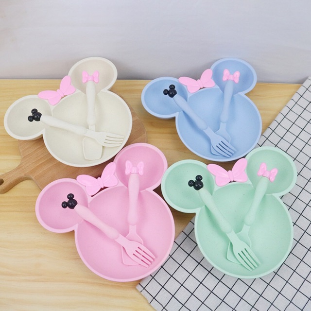 Bộ bát ăn dặm lúa mạch Mickey cho bé sơ sinh kèm thìa và dĩa cao cấp