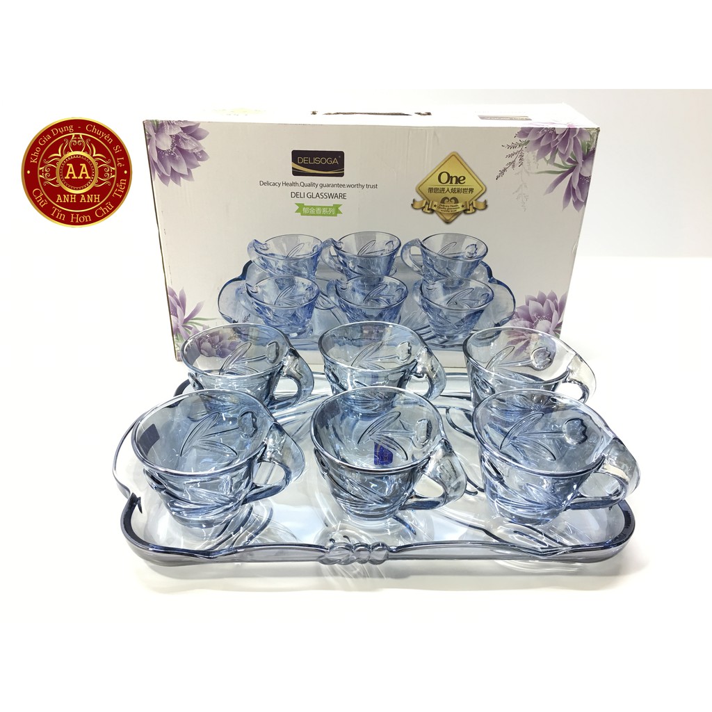 BỘ 6 CỐC THỦY TINH CAO CẤP KÈM KHAY DELISOGA LỆCH XANH