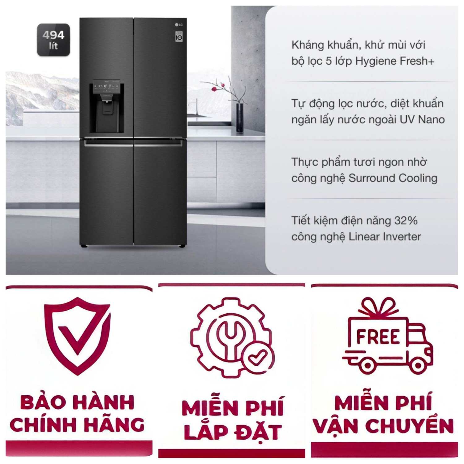 Tủ lạnh < Giá rẻ > LG GR-D22MB <Chính hãng > Tủ lạnh LG Tủ lạnh LG French Door 570 Lit GR-D22MB < Bảo Hành 24 tháng từ LG