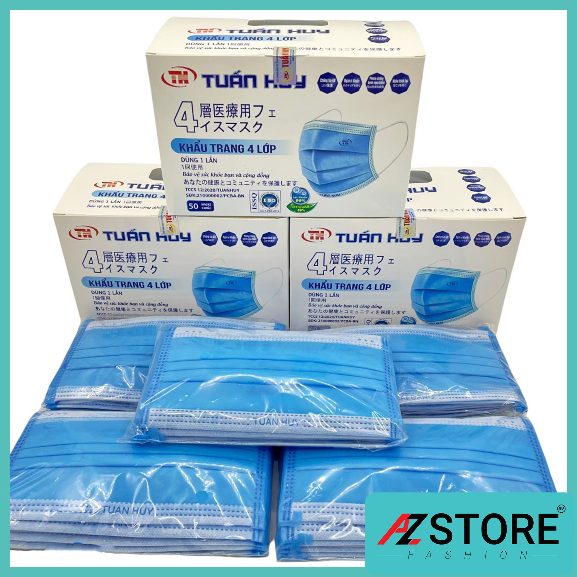 Khẩu trang y tế 4 lớp hộp 50 cái kháng khuẩn, có tem, logo Giao Ngẫu Nhiên Tuấn Huy hoặc Hải Đăng, đạt tiêu chuẩn ISO và kiểm định Bộ Y Tế