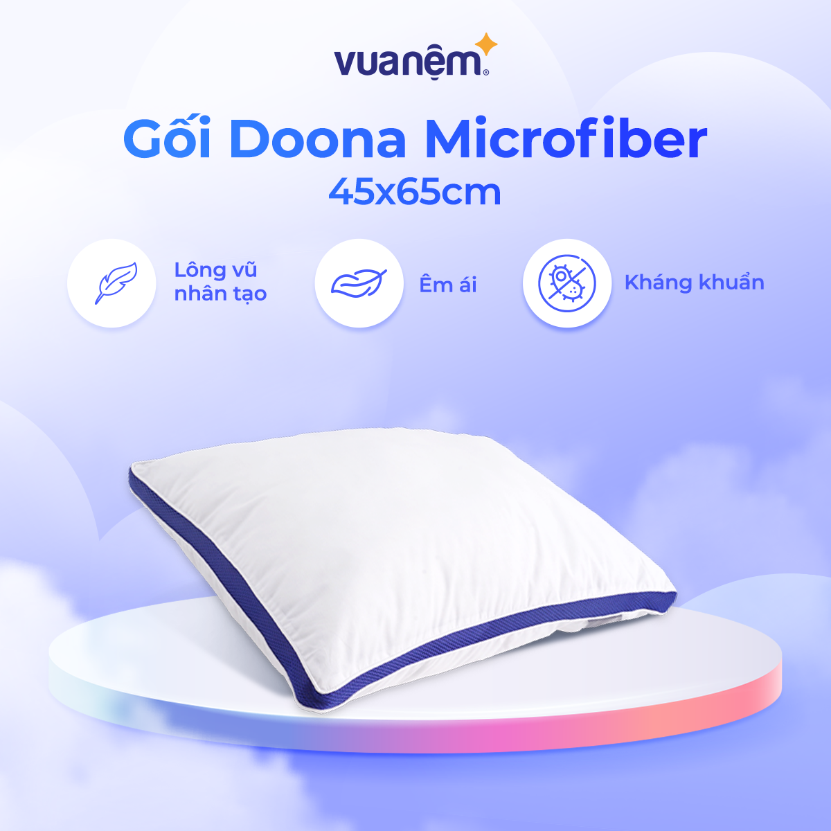 Gối lông vũ nhân tạo Doona Microfiber 45x65cm cao cấp êm ái mềm mại, thoáng khí kháng khuẩn