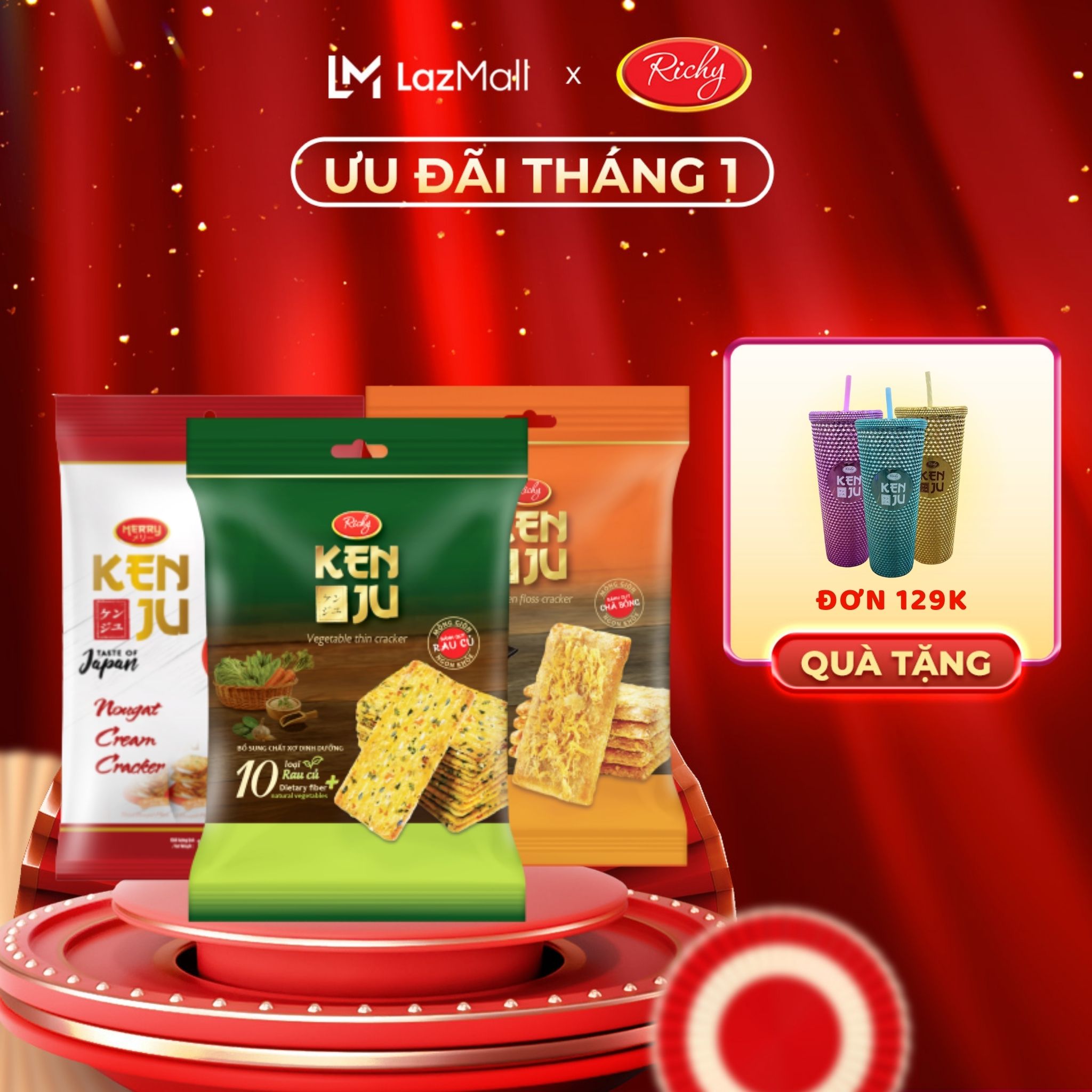 [TẶNG LY KENJU] Combo 3 Bịch Bánh Kenju quy hành kem dẻo túi 186g - Bánh kẹo Richy