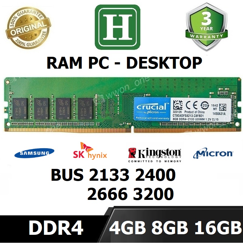 Ram pc ddr4 4gb, 8gb, 16gb bus 2133, 2400, 2666, 3200 bảo hành 36 tháng