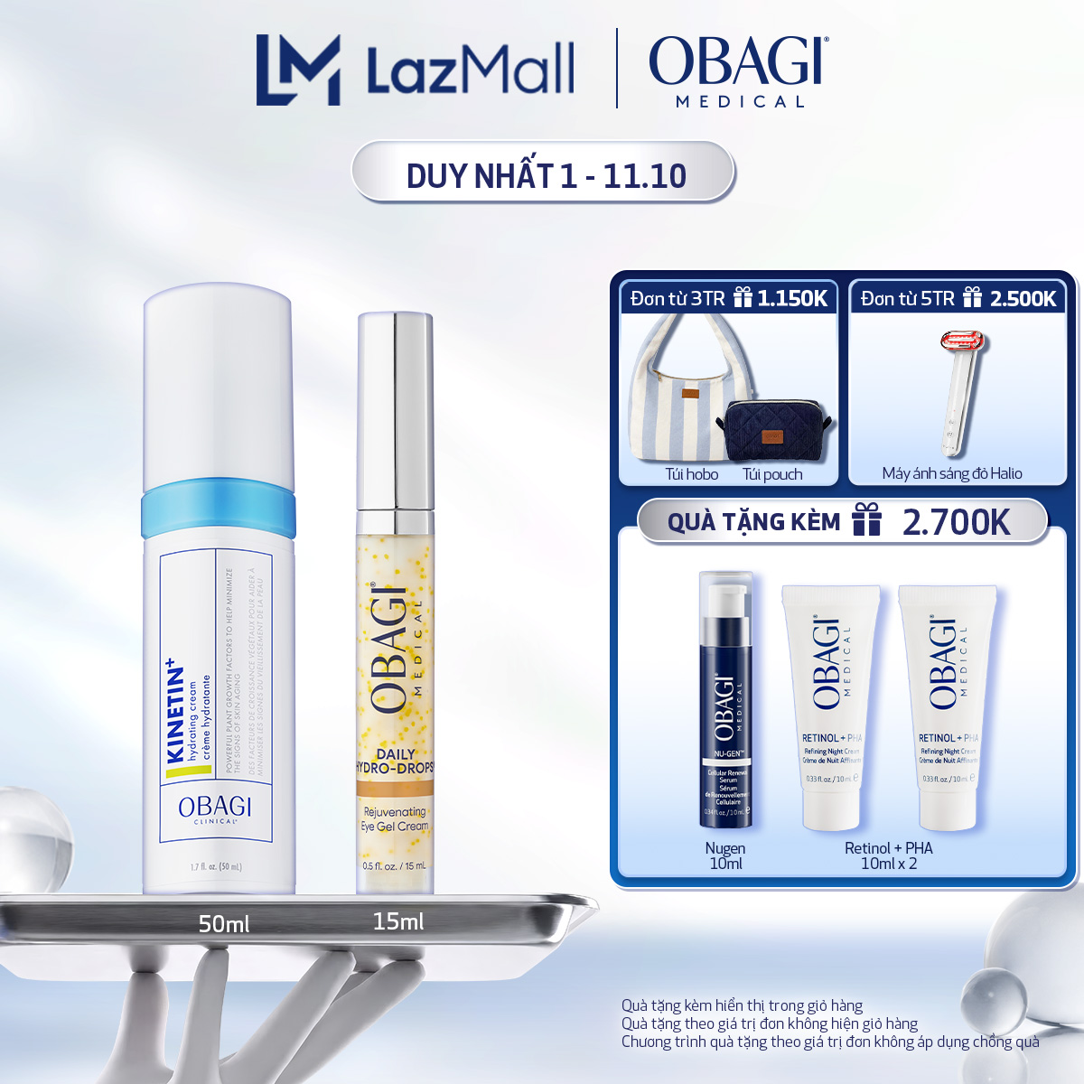 Bộ đôi Kem Dưỡng Phục Hồi Làm Dịu Da Obagi Clinical Kinetin+ Hydrating 50ml và Kem dưỡng mờ nếp nhăn vùng mắt Obagi Medical Daily Hydro-Drops Rejuvenating Eye Gel Cream 15ml