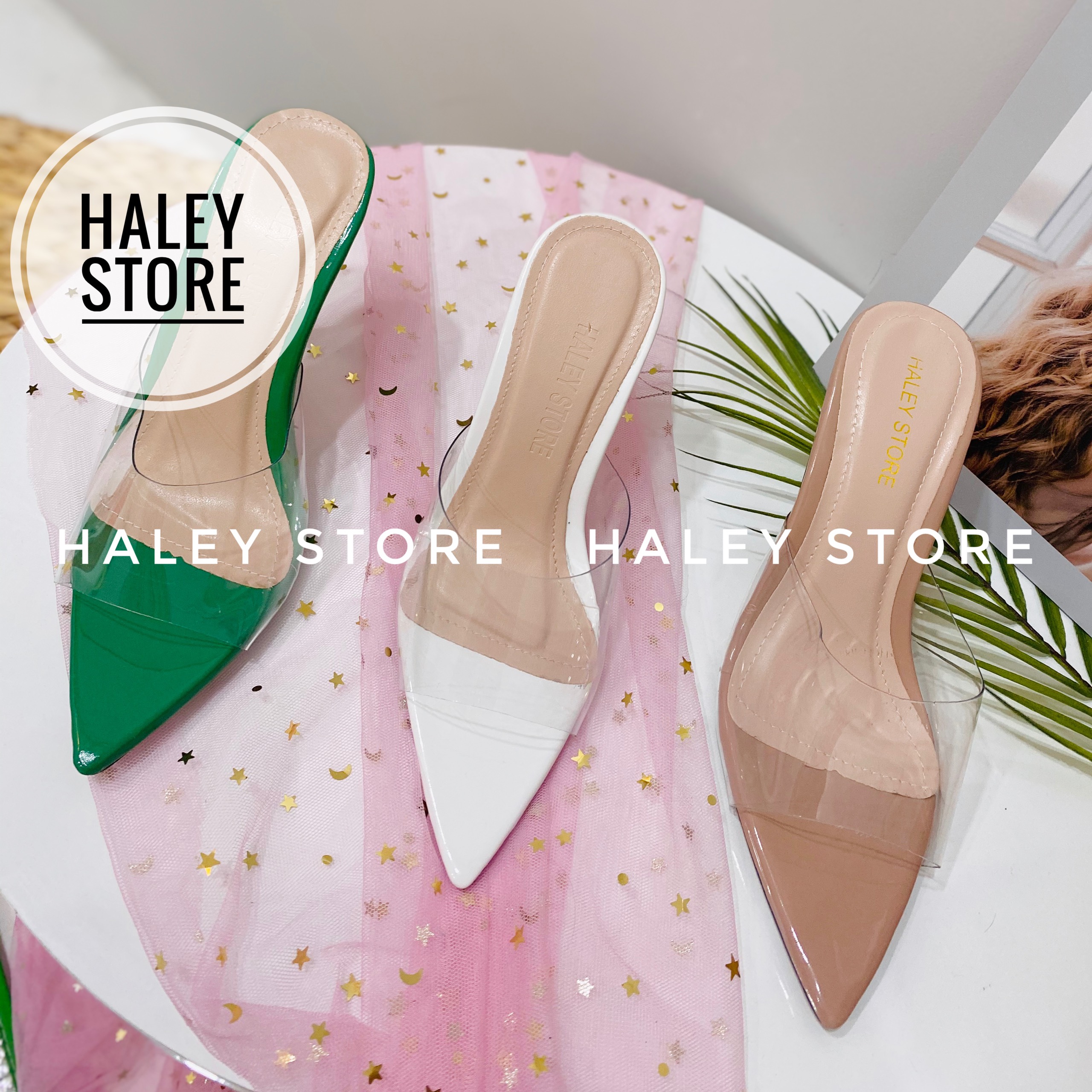 [VIDEO THẬT]Giày Guốc nữ HALEY STORE quai ngang trong suốt mũi nhọn gót 9cm dễ phối đồ thời trang mới đi chơi đi tiệc đi làm