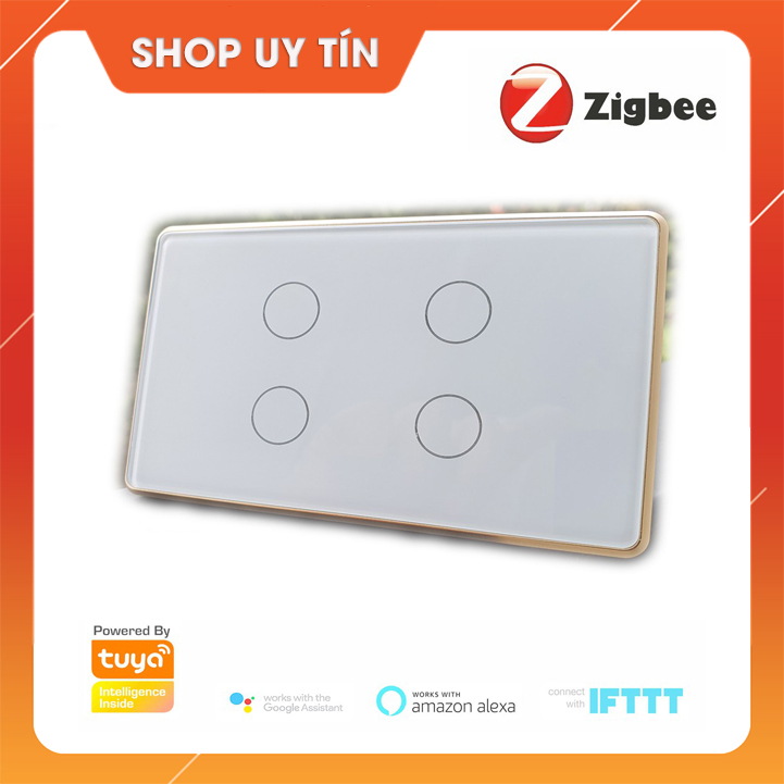 Công tắc thông minh Tuya Zigbee viền nhôm mặt kính cường lực cao cấp loại 4 nút ấn 4 gang