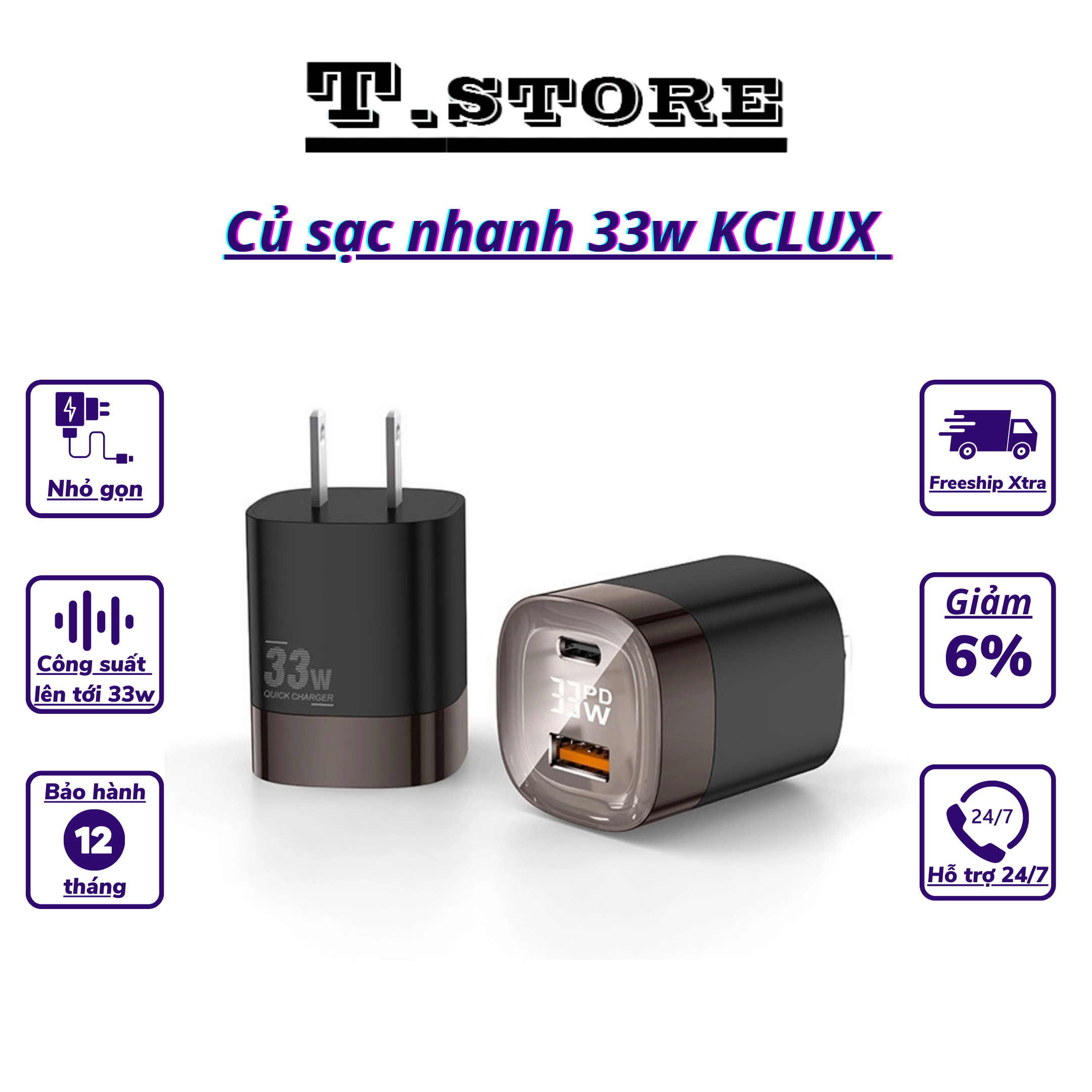 Củ sạc nhanh 33w KCLUX K10166 hiển thị công suất sạc, sạc cùng lúc 2 thiết bị - TSHOP