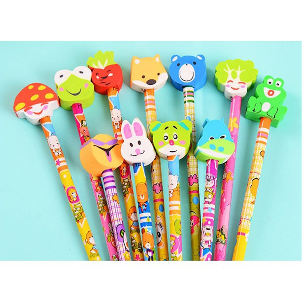 Set 5 Bút Chì Gỗ có Đầu Tẩy Hình Thú Ngộ Nghĩnh Nhiều màu cho nàng và bé