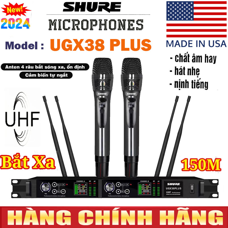 { PHIÊN BẢN MỚI 2024 } Micro Không Dây SHURE UGX38 PLUS CHÍNH HÃNG - Micro Sự Kiện , Karaoke Gia Đình  Công Nghệ Mới, Bắt Sóng UHF Cực Xa 150m, Dò Sóng Sạch,  Độ Nhạy Cao,Thu Âm Tốt, Lọc Tiếng EQ , Sáng Tiếng. Chống Hú/Rít. Cảm Biến  Gia Tốc Tự Ngắt