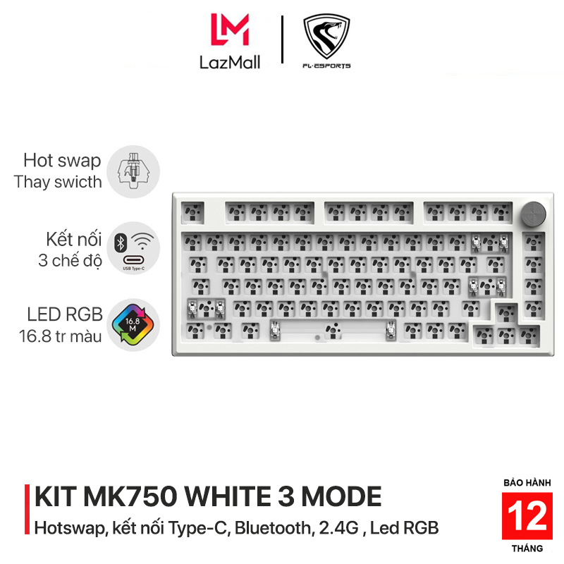 Bộ KIT bàn phím cơ chơi game không dây FL-Esports MK750 White RGB 3 Mode  - Mạch xuôi - Sẵn foam - 3 chế độ kết nối Type-C, Bluetooth, 2.4G - Pin 3000mAh
