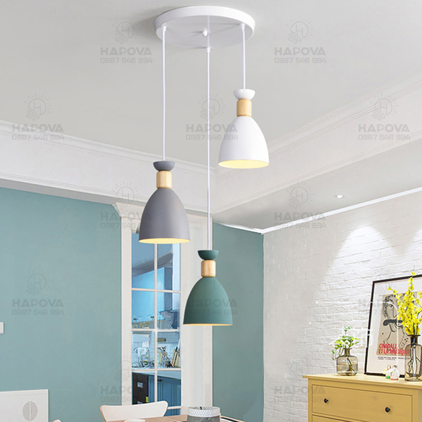 Bộ 3 đèn thả trần trang trí bàn ăn phòng khách hapova dt 4567 chao 3 màu + tặng kèm bóng as vàng