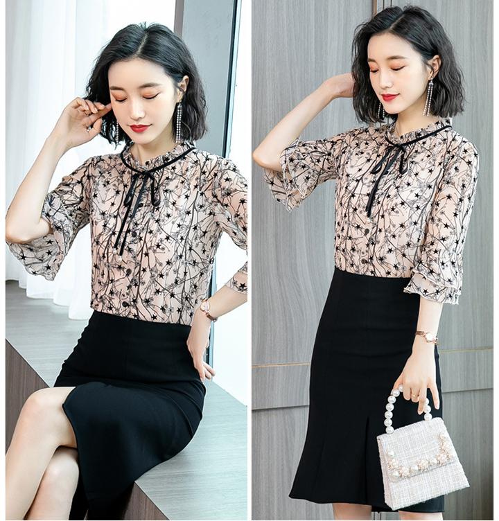 Áo sơ mi kiểu nữ cổ nhún đính nơ họa tiết