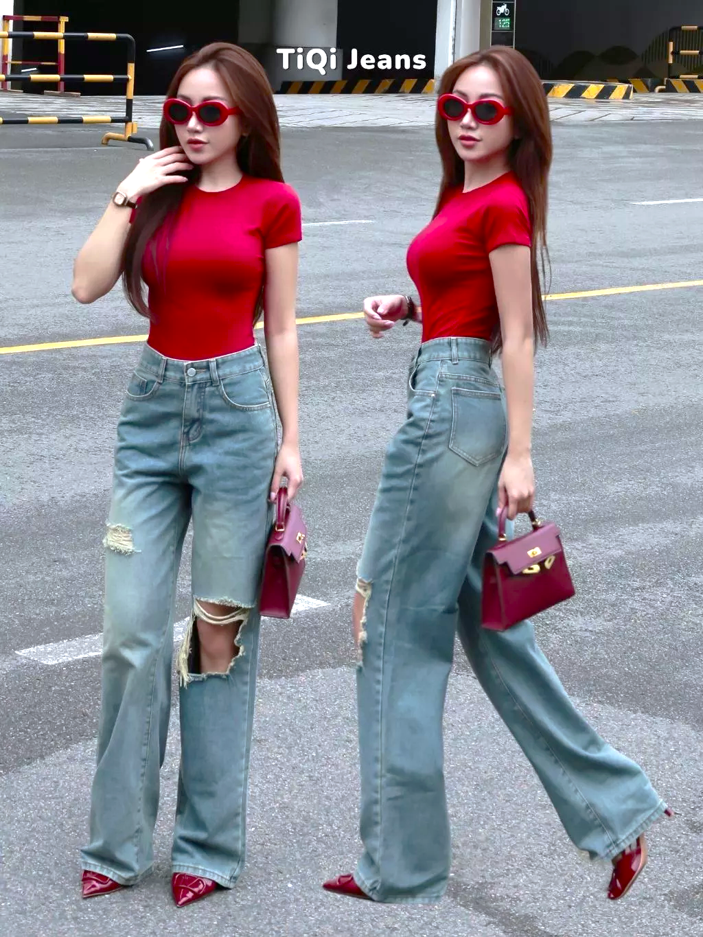 [HÀNG MỚI VỀ] Quần jean nữ ống rộng rách gối wash đùi màu retro TiQi Jeans B-403