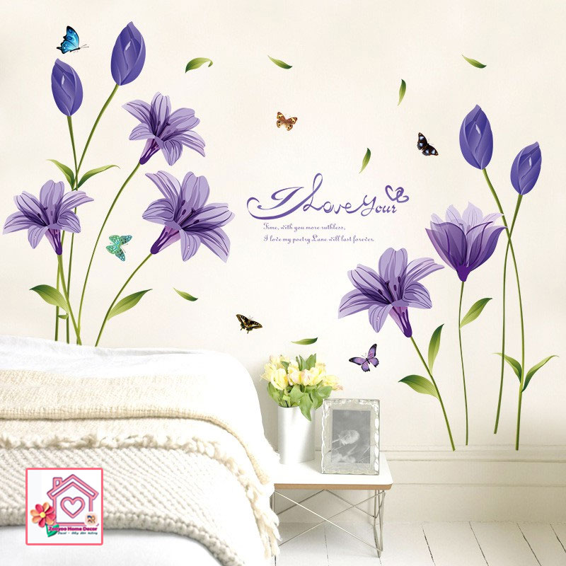 Decal dán tường Hoa Lily tím SK9122B trang trí tường phòng khách phòng ngủ - Sticker - Miếng dán tường - Hình dán