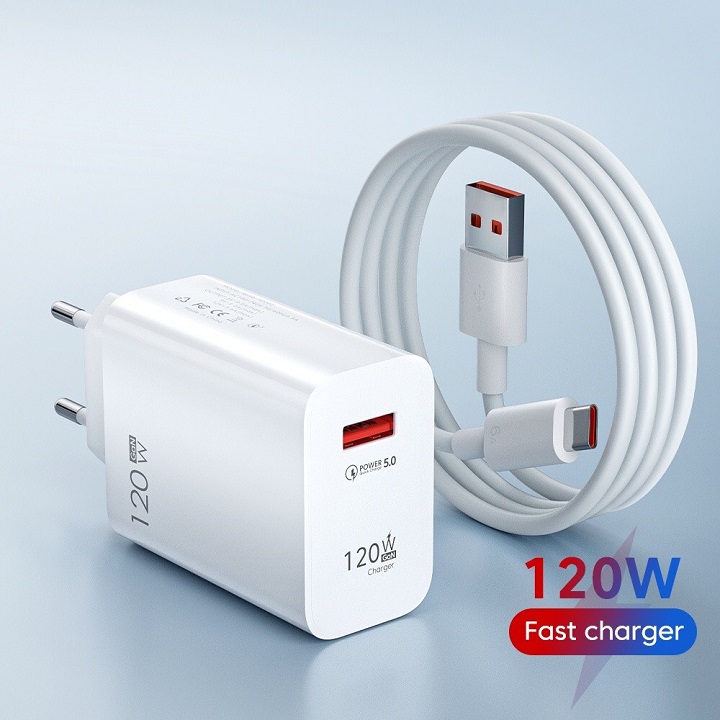 Bộ sạc nhanh 120W cổng USB kèm cáp Type C sạc đầy pin nhanh chóng chất liệu chống cháy chống va đập cho điện thoại Huawei Xiaomi Samsung Oppo