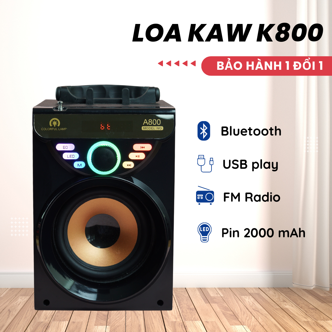 Loa bluetooth KAW K800 - Pin Lithium 2000 mAh dùng liên tục 6 - 8 giờ, bass trầm, hỗ trợ hát Karaoke - Hàng chính hãng bảo hành 1 đổi 1