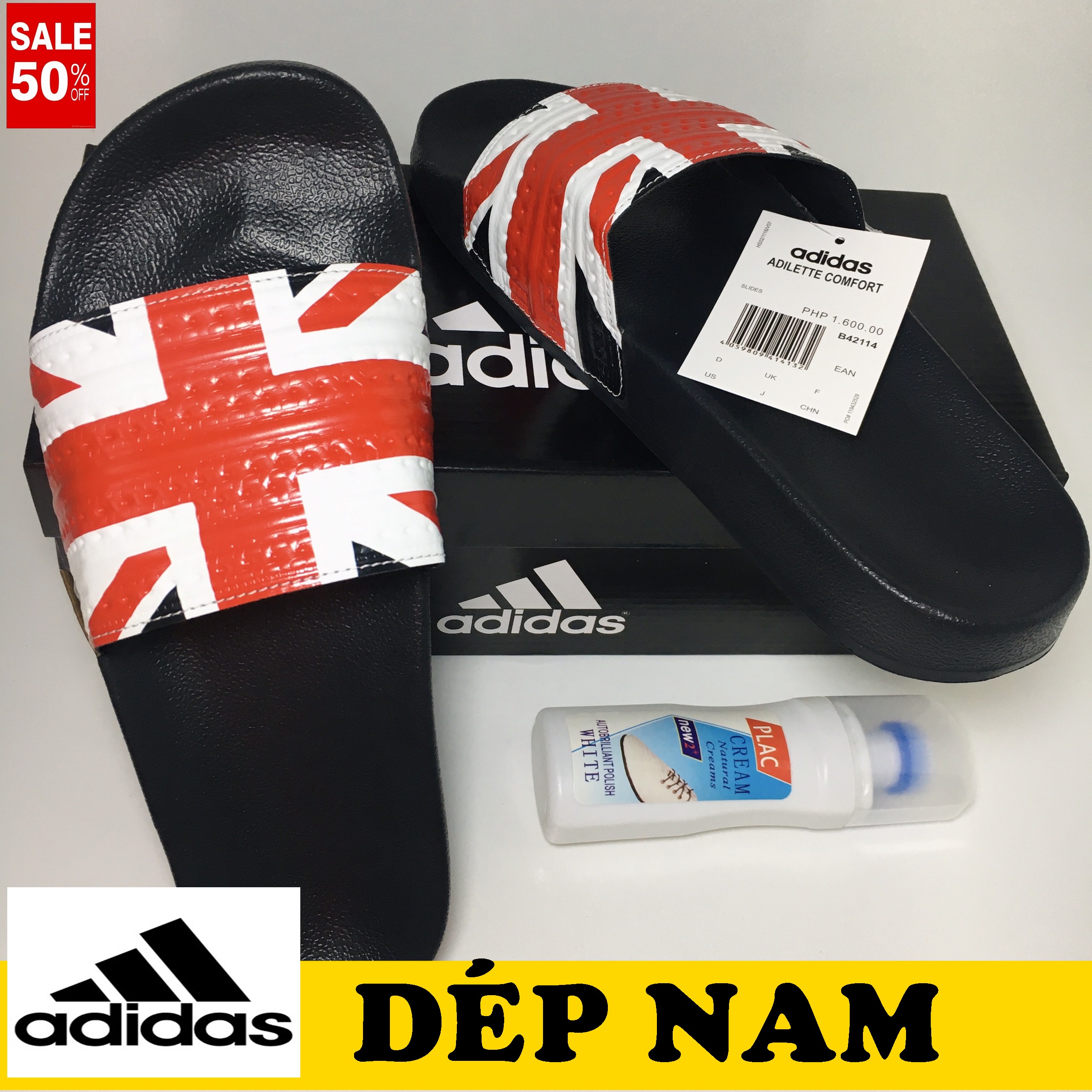 Dép Nam Adidass Cờ Anh, Mang Êm Chân, Đi Nước Tốt, Dép Full Hộp Kèm Chai Tẩy Giày Dép