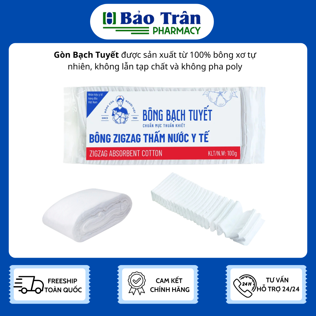 BÔNG CẮT SẴN ZIGZAG  BẠCH TUYẾT 100G VỆ SINH CÁ NHÂN VÀ Y TẾ